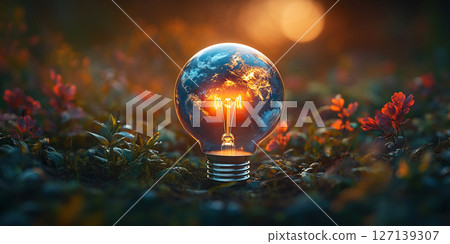 Light bulb shaped like planet Earth shines brightly in a natural setting. Header banner mockup with copy space. 127139307