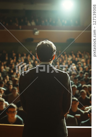 University lecturer engaging with students during a lecture in a packed auditorium 127139308