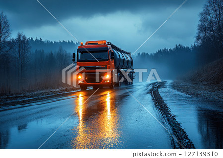 Fuel tanker truck driving on wet road during twilight in rural setting Fuel tanker truck driving on wet road during twilight in rural setting 127139310