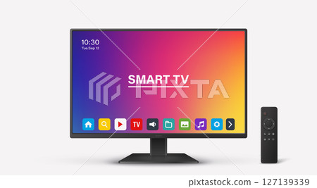 Vector 3d Realistic Smart TV and Remote Control, Isolated. Modern Smart TV. Realistic Smart TV for Technology Mockup. Stylish Television and Remote for App and Branding. Vector Illustration Vector 3d Realistic Smart TV and Remote Control, Isolated. Modern Smart TV. Realistic Smart TV for Technology Mockup. Stylish Television and Remote for App and Branding. Vector Illustration 127139339