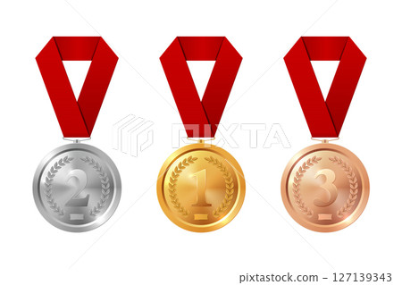 Gold Silver Bronze Medal Set Realistic Vector Icons with Red Ribbon for Winner Award, Achievement Badge, Prize Ceremony, Sport Competition Trophy, Champion Symbol Isolated on White Gold Silver Bronze Medal Set Realistic Vector Icons with Red Ribbon for Winner Award, Achievement Badge, Prize Ceremony, Sport Competition Trophy, Champion Symbol Isolated on White 127139343