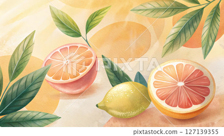 Sliced citrus fruits and fresh leaves arranged in a vibrant setting Sliced citrus fruits and fresh leaves arranged in a vibrant setting 127139355