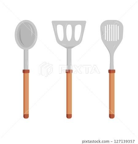 Cooking utensils arranged in a row with wooden handles and metallic heads Cooking utensils arranged in a row with wooden handles and metallic heads 127139357