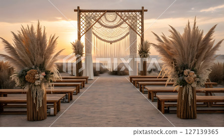 Elegant outdoor wedding ceremony setup near the ocean at sunset 127139365