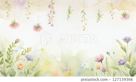 Vibrant watercolor floral arrangement with hanging blooms and greenery 127139366