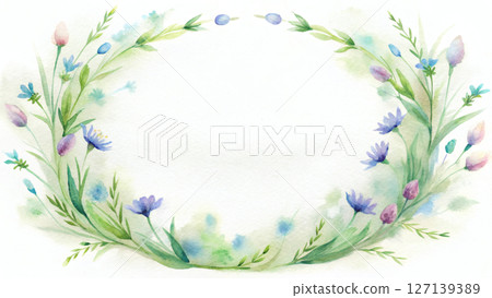 Floral watercolor border design featuring pastel colors and greenery 127139389