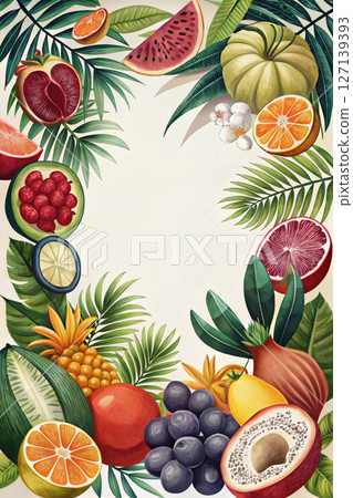 Vibrant fruit arrangement featuring tropical and seasonal varieties 127139393