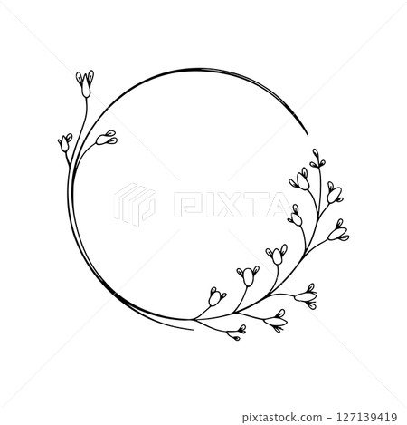 Minimal Floral Circle Frame with Fine Line Flowers. A graceful circular frame with simple fine line flowers and elegant negative space. Perfect for branding or minimalist wedding invites. Minimal Floral Circle Frame with Fine Line Flowers. A graceful circular frame with simple fine line flowers and elegant negative space. Perfect for branding or minimalist wedding invites. 127139419