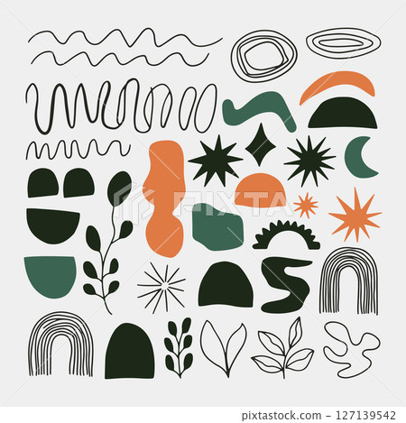 Colorful Nature Doodle Set. Playful and colorful set of abstract nature doodles with leaves, shapes, and organic forms on light background. Colorful Nature Doodle Set. Playful and colorful set of abstract nature doodles with leaves, shapes, and organic forms on light background. 127139542