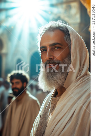 Muhammad engages with Muslim Arabs in a mosque under bright sunlight Muhammad engages with Muslim Arabs in a mosque under bright sunlight 127139546