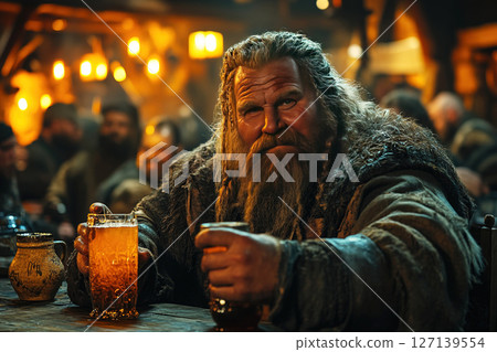Merry Vikings enjoy drinks and laughter in a lively tavern during a festive gathering 127139554