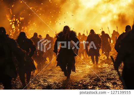 Vikings charge into battle wielding axes and swords against a fiery backdrop 127139555