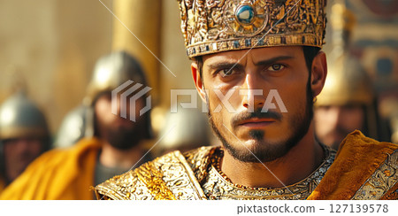 Justinian I Byzantine Emperor in regal attire surrounded by guards in a historical setting. Header banner mockup with copy space. 127139578