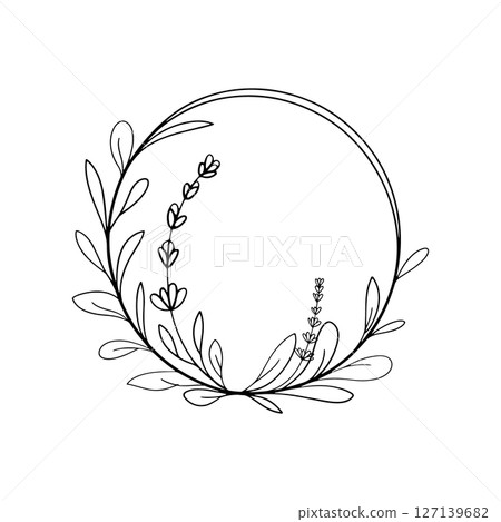 Leaf Arch Frame. A hand-drawn arch-style circular frame with leafy details, perfect for modern botanical compositions and nature logos. 127139682