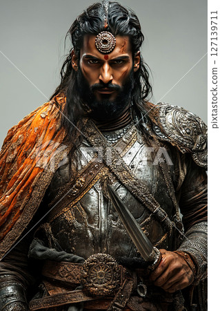 Ancient Indian warriors in full armor display strength and valor against a neutral background 127139711