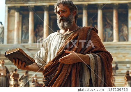 Aristotle delivers a lecture on philosophy to students in a grand ancient setting 127139713
