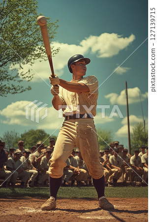 Baseball player prepares to swing bat in bright sunny afternoon at the ballpark Baseball player prepares to swing bat in bright sunny afternoon at the ballpark 127139715