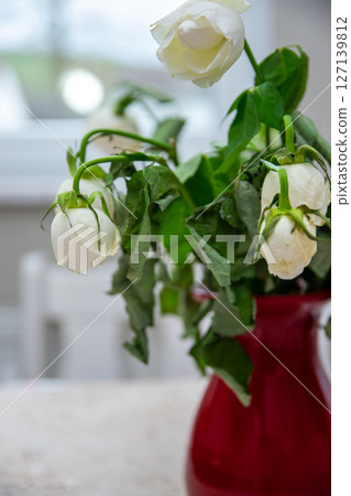 Red glass vase with dried white flowers on the window of modern home. Red glass vase with dried white flowers on the window of modern home. 127139812