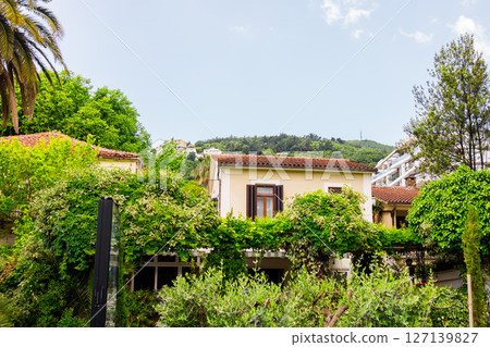 Mediterranean house surrounded by lush greenery and hillside view. Nature, real estate, and peaceful suburban living. Mediterranean house surrounded by lush greenery and hillside view. Nature, real estate, and peaceful suburban living. 127139827