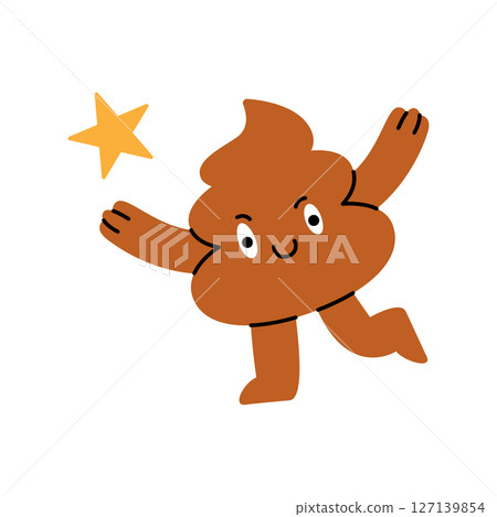 Cartoon poop character jumping up and playing with a shiny star, joyful and magical in a cute, fun scene. Vector illustration. Cartoon poop character jumping up and playing with a shiny star, joyful and magical in a cute, fun scene. Vector illustration. 127139854