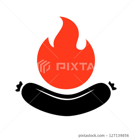 Barbecue fried sausage icon. Butchery sausages menu. Logotype template for food market, ecommerce, organic products promotion. Vector illustration. Barbecue fried sausage icon. Butchery sausages menu. Logotype template for food market, ecommerce, organic products promotion. Vector illustration. 127139856