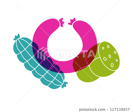 Sausage color icons. Salami sausage, fat sausages. Meat products logo template. Vector illustration. Sausage color icons. Salami sausage, fat sausages. Meat products logo template. Vector illustration. 127139857