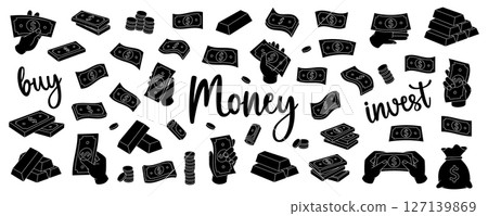 Black money set. Flying cash, green banknotes, stack of money, dollar bills, gold coins and bars. Money investment concept. Cash paper currency. 127139869