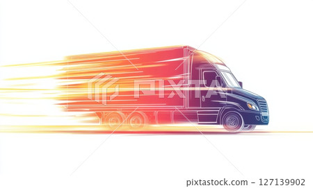 Fast delivery truck in motion showcasing high-speed transport maneuvering through a cityscape 127139902