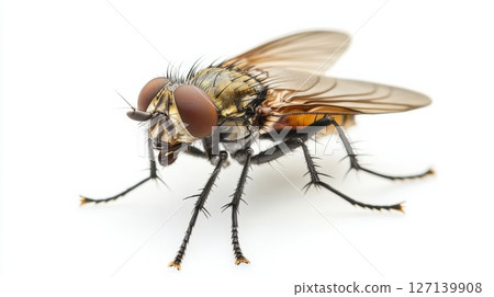 Close-up of a fly resting on a white surface highlighting its detailed anatomy and coloration 127139908