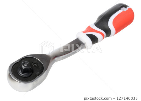 A shiny chrome plated ratchet wrench with a red, black, and white ergonomic handle, an essential hand tool 127140033