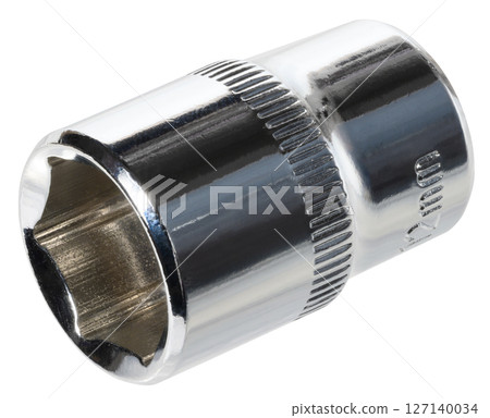 A shiny, chrome plated metal socket wrench head, an essential hand tool, isolated background 127140034