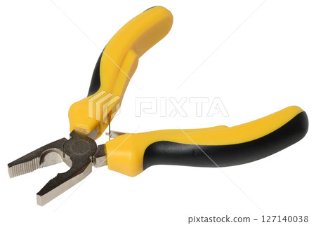 Pair of yellow and black long nose pliers, an essential hand tool, isolated background Pair of yellow and black long nose pliers, an essential hand tool, isolated background 127140038