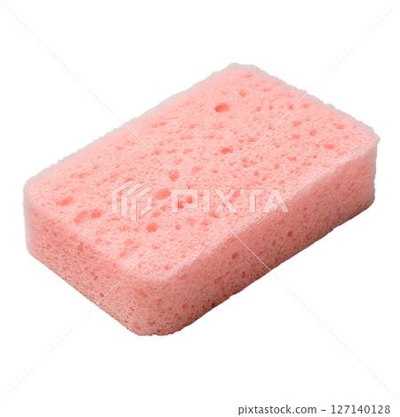 Pink rectangular cleaning sponge isolated, household item for washing dishes and surfaces, soft and absorbent Pink rectangular cleaning sponge isolated, household item for washing dishes and surfaces, soft and absorbent 127140128