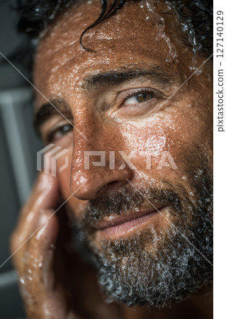 Wet bearded man touching face during skincare routine 127140129