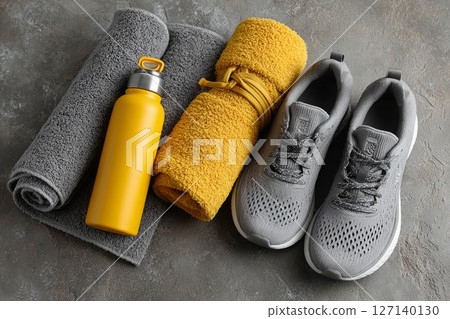 Fitness essentials with sneakers, towel, bottle, and resistance band 127140130