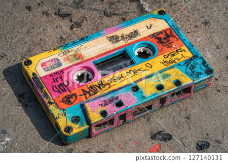 Vintage colorful cassette tape with graffiti lying on concrete 127140131
