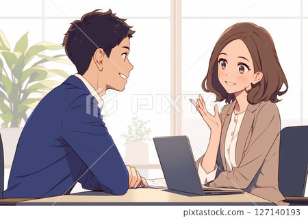Coaching_Female manager discussing evaluation with male subordinate_Illustration 2 127140193