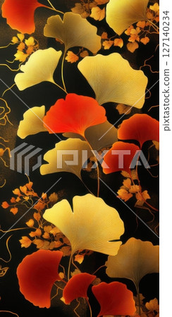 Delicate ginkgo leaves with vivid red and gold accents on a black background in an artistic design Delicate ginkgo leaves with vivid red and gold accents on a black background in an artistic design 127140234