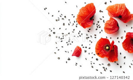 Colorful poppy petals and seeds arranged artistically on a plain background in a creative display of nature's beauty 127140342