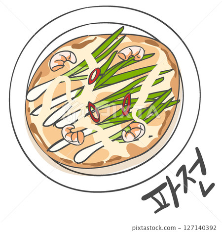 Korean food Pajeon(Welsh-onion pancake) illustration and Korean Calligraphy 127140392