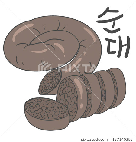 Street snack food Sundae(blood sausage with sticky rice) Illustration in Korea and Korean Calligraphy Street snack food Sundae(blood sausage with sticky rice) Illustration in Korea and Korean Calligraphy 127140393