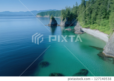 Aerial view of the seashore in the fog. Summer landscape. 127140538
