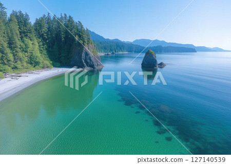 Aerial view of the seashore in the fog. Summer landscape. 127140539
