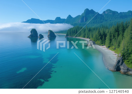 Aerial view of the sea coast in the fog. Summer landscape. 127140540
