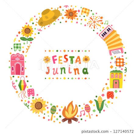 Festa Junina vector circle frame, border with accordion, sunflower, straw hat and festive Brazilian illustrations 127140572