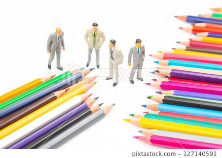 Vibrant colored pencils arranged in a fan shape on a white background Vibrant colored pencils arranged in a fan shape on a white background 127140591