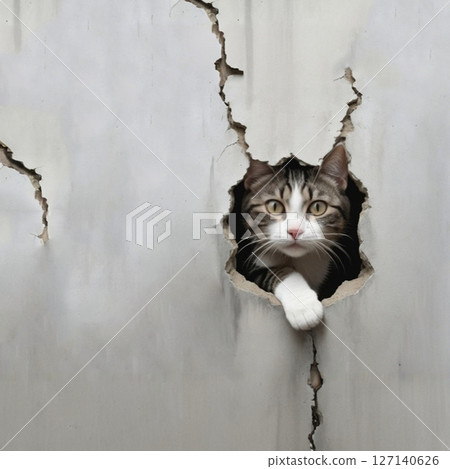 A brown and white cat peeking through a hole in the wall 127140626
