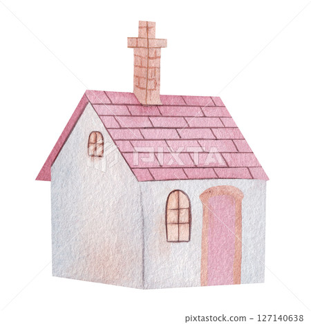 Cute little house with red tiled roof, wooden window and stove pipe. Watercolor illustration. Hand painted in rustic style on a white background. Perfect for home decor, greeting cards Cute little house with red tiled roof, wooden window and stove pipe. Watercolor illustration. Hand painted in rustic style on a white background. Perfect for home decor, greeting cards 127140638