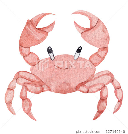 Watercolor illustration of a cute red crab with eyes and a smile in a playful, childlike style on a white background. Perfect for children's room decor, baby products and ocean-themed designs. Watercolor illustration of a cute red crab with eyes and a smile in a playful, childlike style on a white background. Perfect for children's room decor, baby products and ocean-themed designs. 127140640