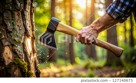 特寫鏡頭：一名男子用斧頭砍樹 / 這一幕象徵著力量和自然的運作 127140673